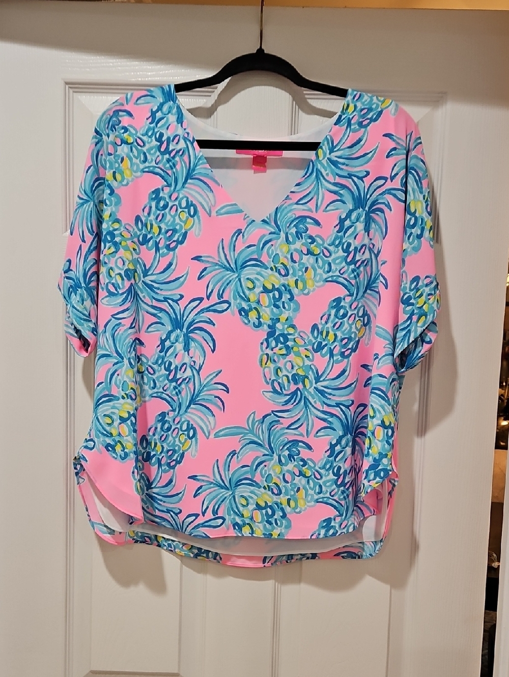 Vivid Pink Tropical-Print V-Neck Blouse By Lilly Pulitzer